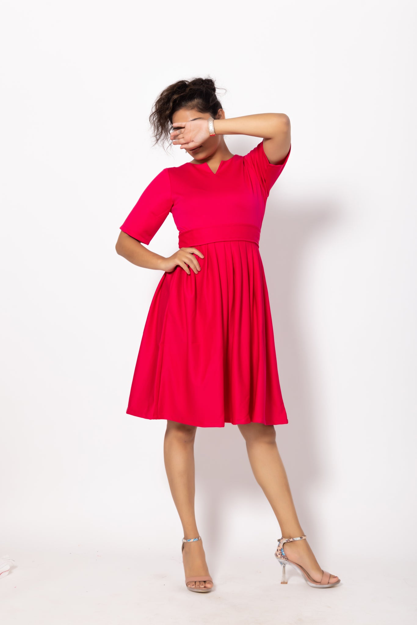 Bright Pink Fit and Flare Pleated Dress