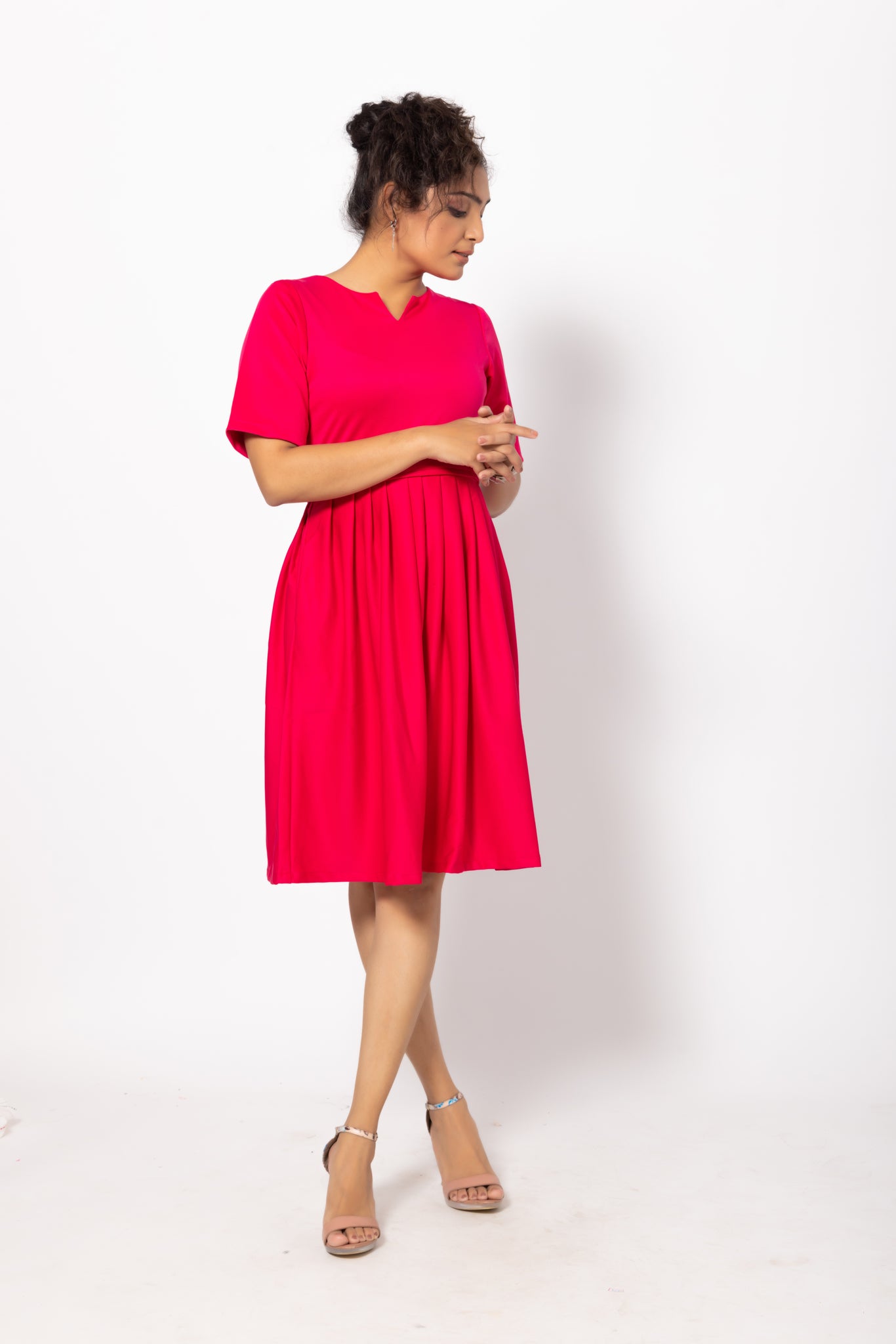 Bright Pink Fit and Flare Pleated Dress