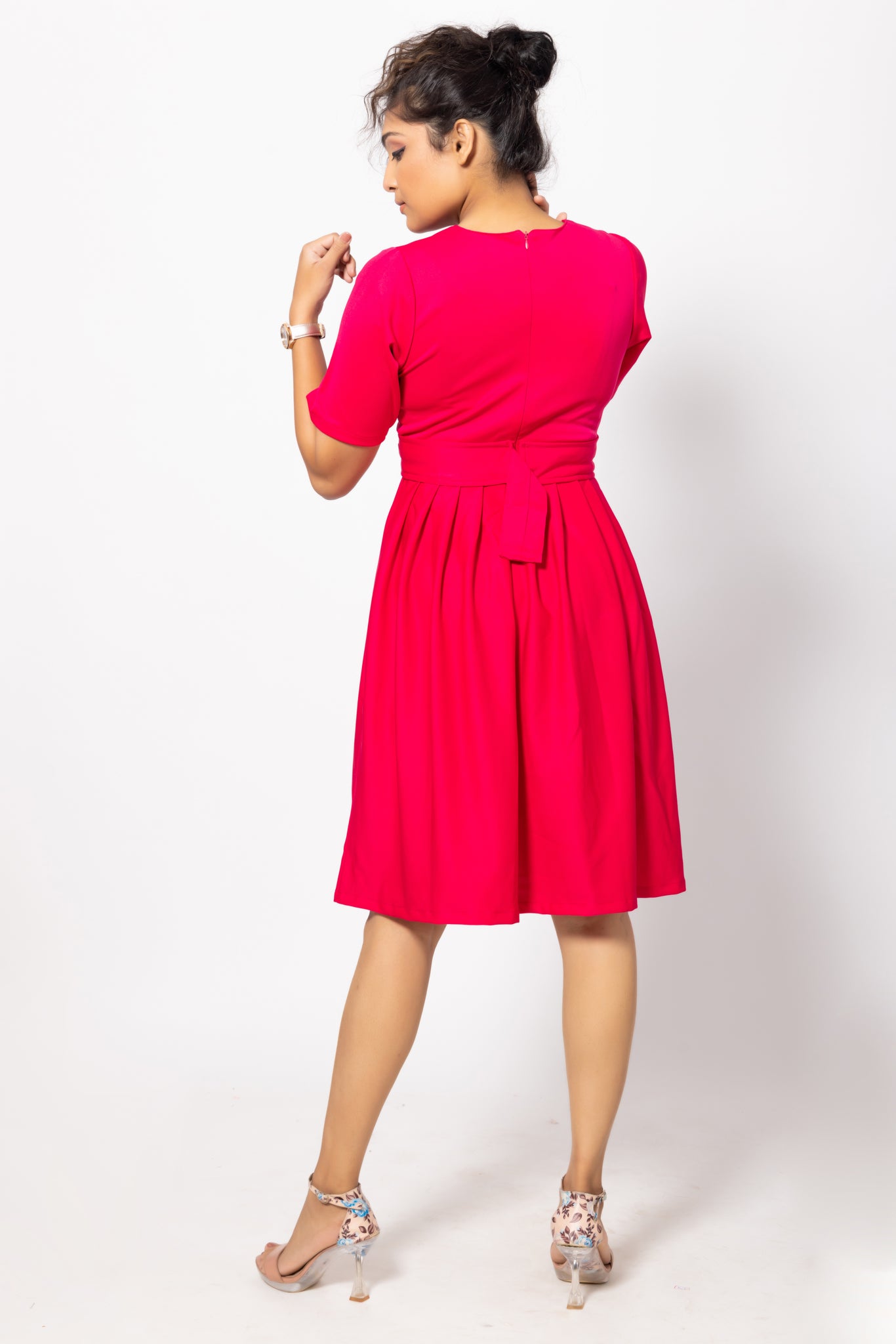 Bright Pink Fit and Flare Pleated Dress