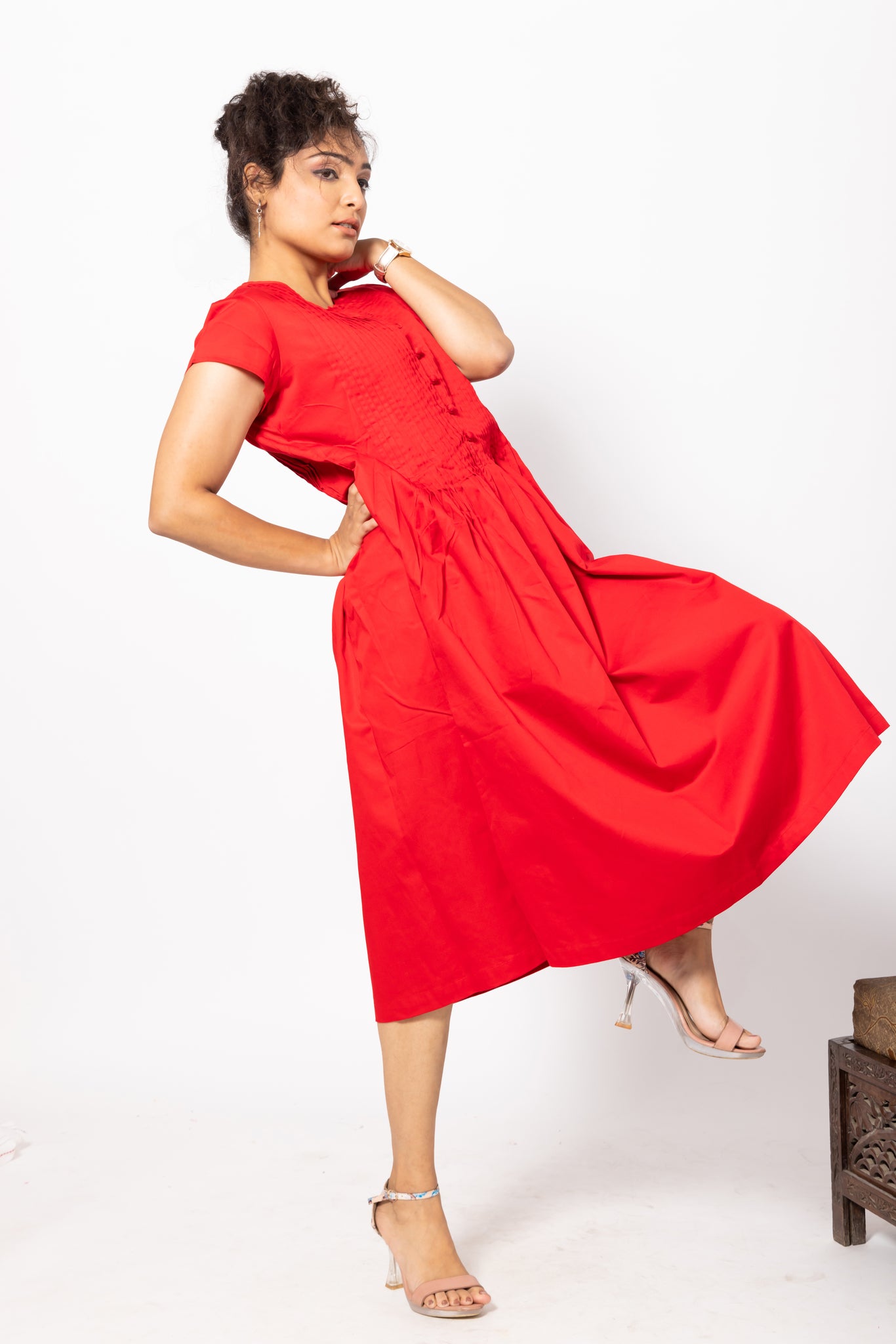 Red Round Neck Dress with Potli buttons