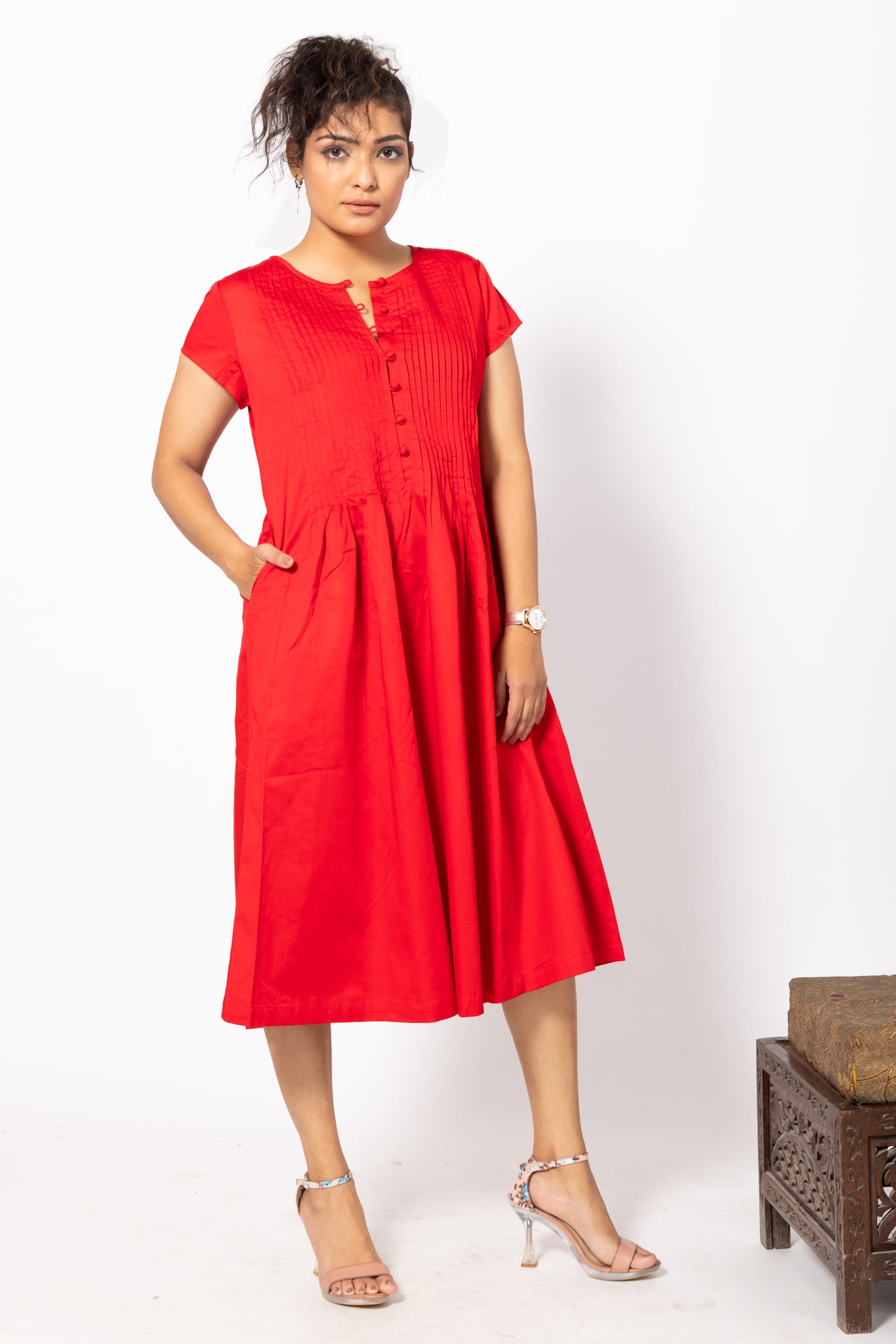 Red Round Neck Dress with Potli buttons