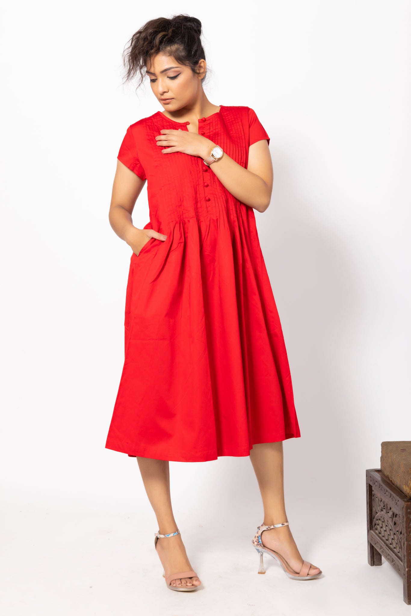 Red Round Neck Dress with Potli buttons