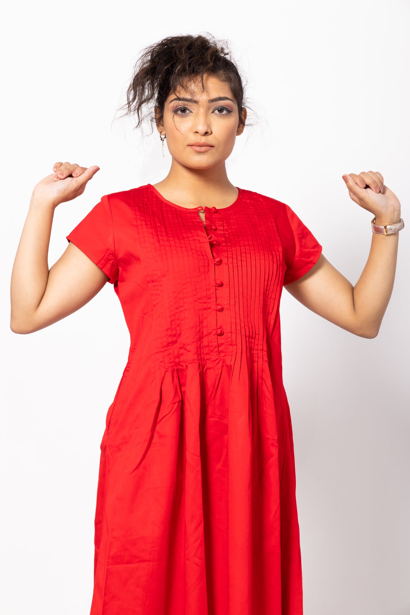 Red Round Neck Dress with Potli buttons