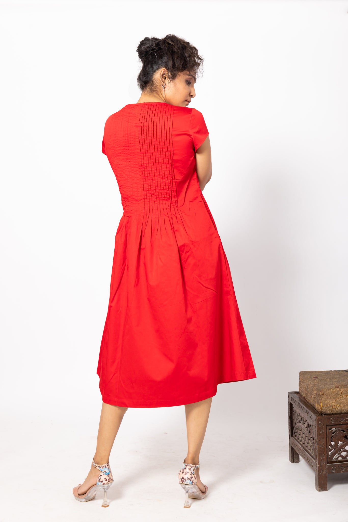 Red Round Neck Dress with Potli buttons