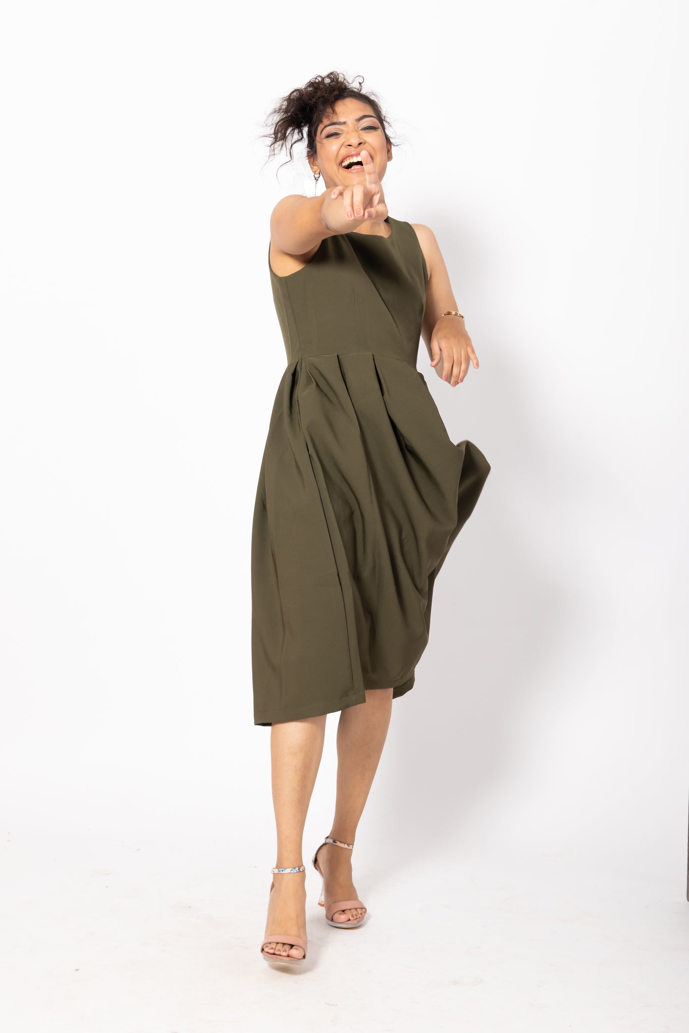 Box Pleated Green Sleeveless Dress