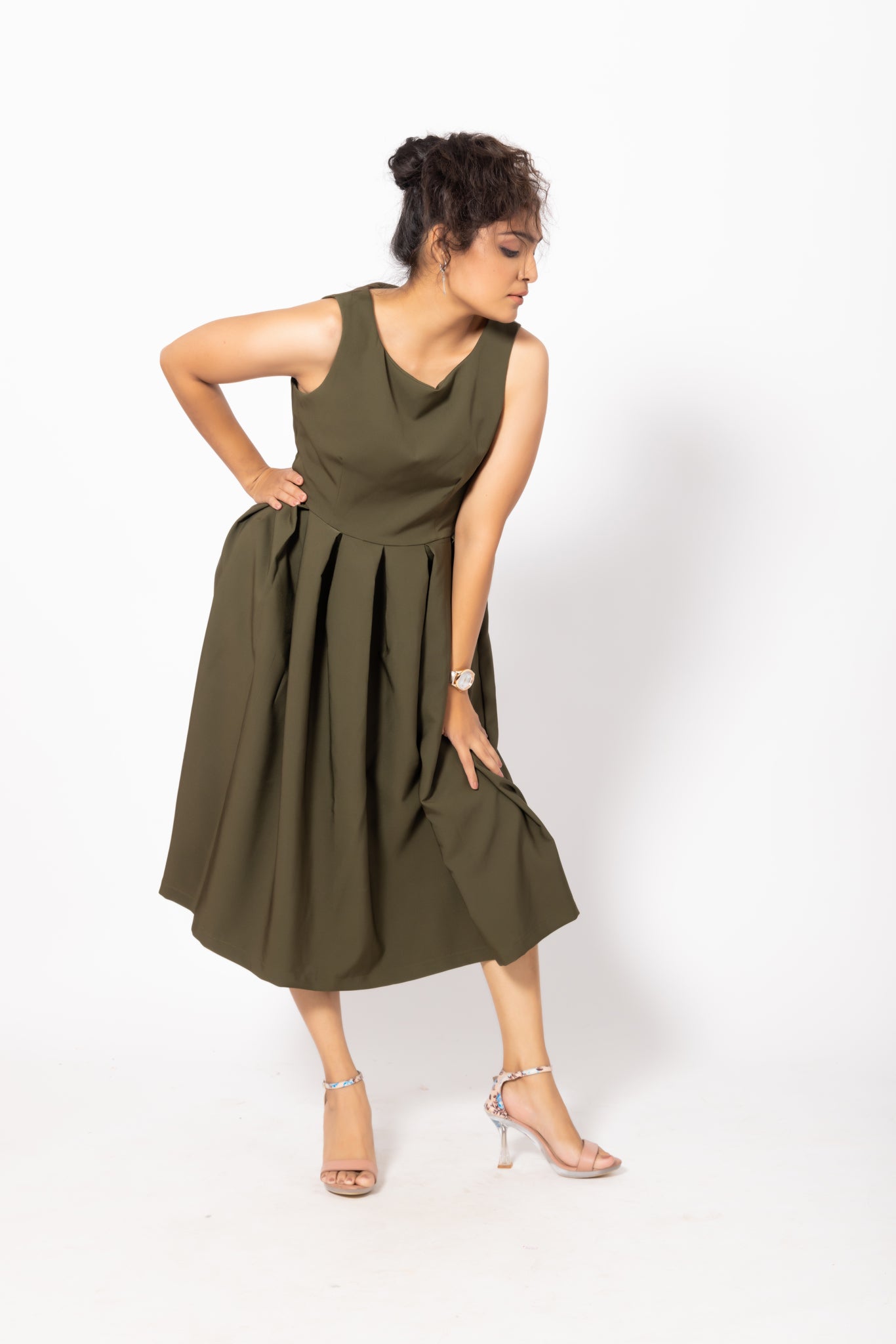 Box Pleated Green Sleeveless Dress