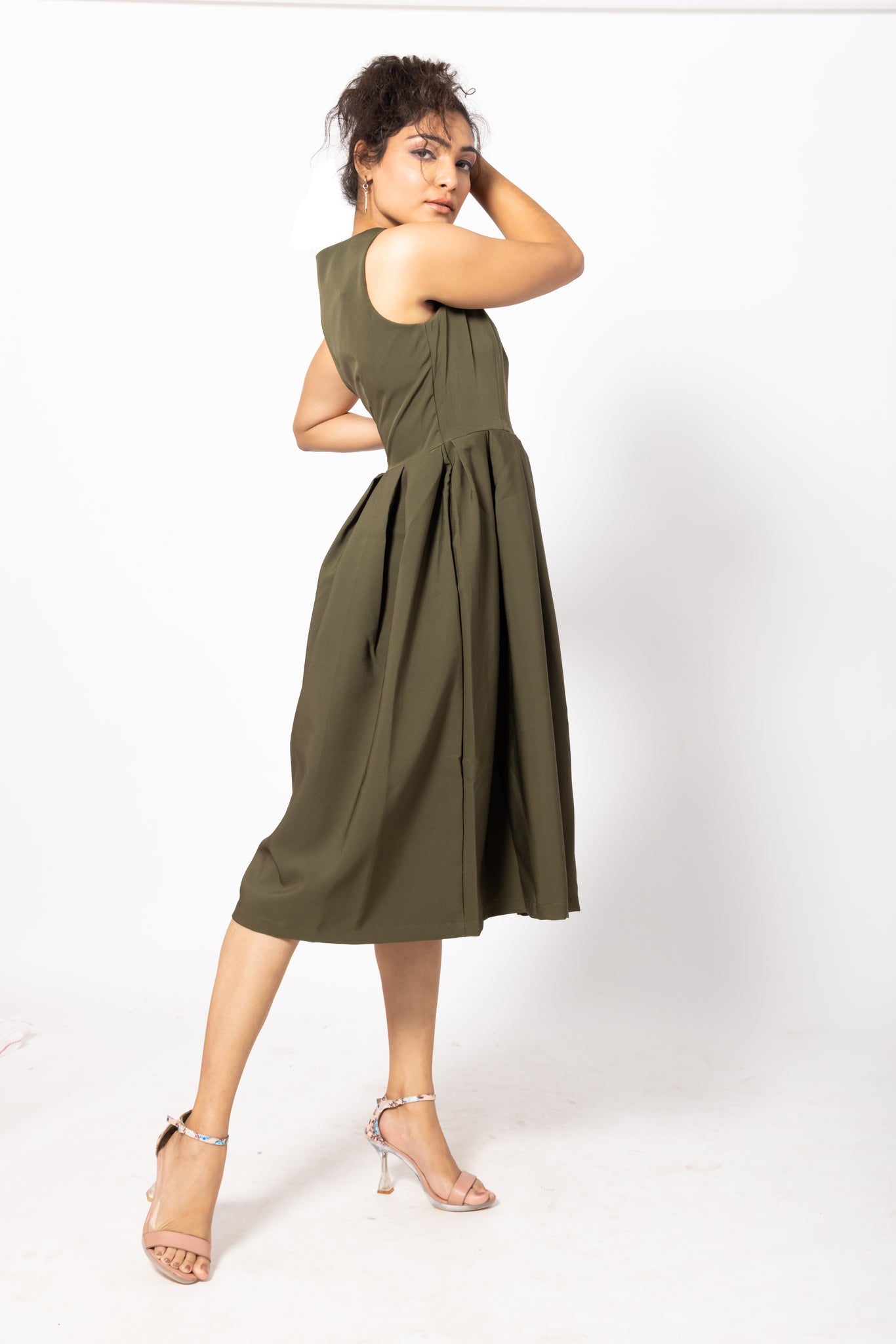 Box Pleated Green Sleeveless Dress