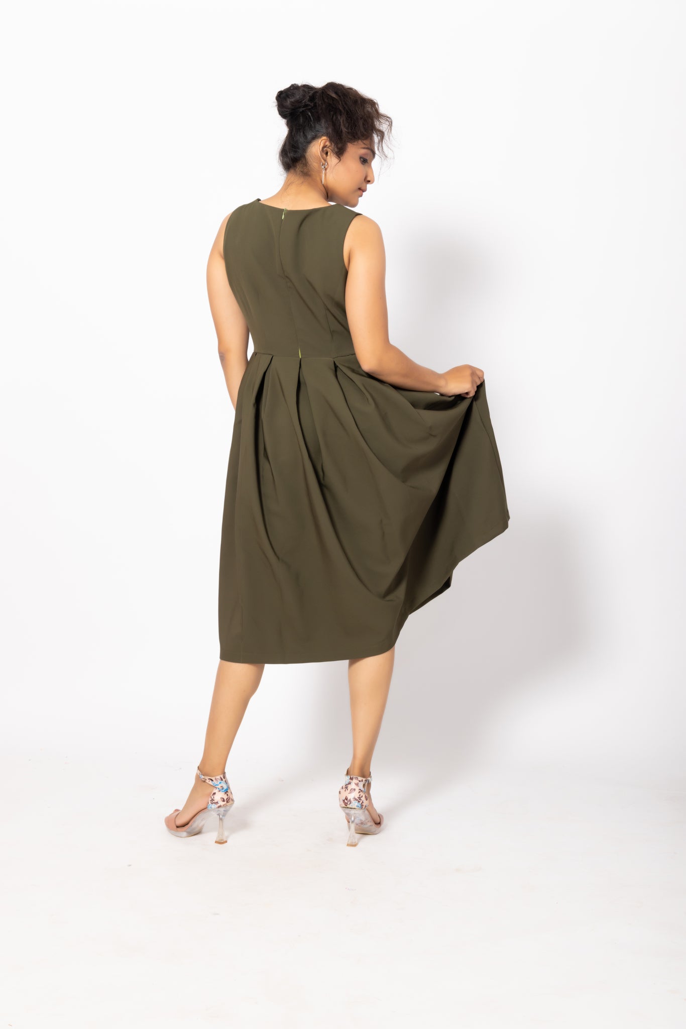 Box Pleated Green Sleeveless Dress