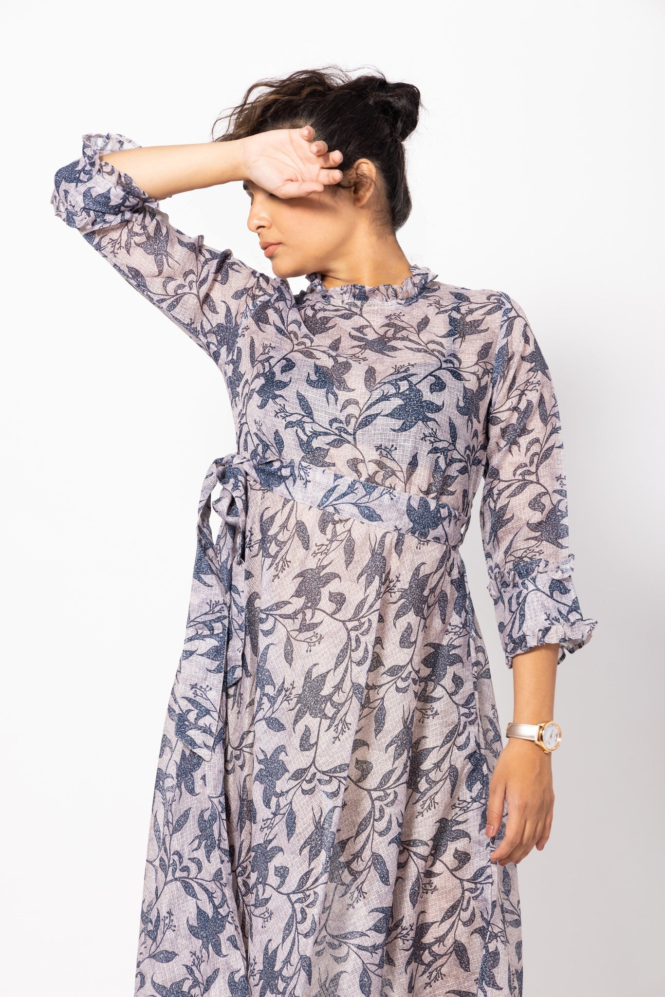 Purple & Grey Floral Belted Dress