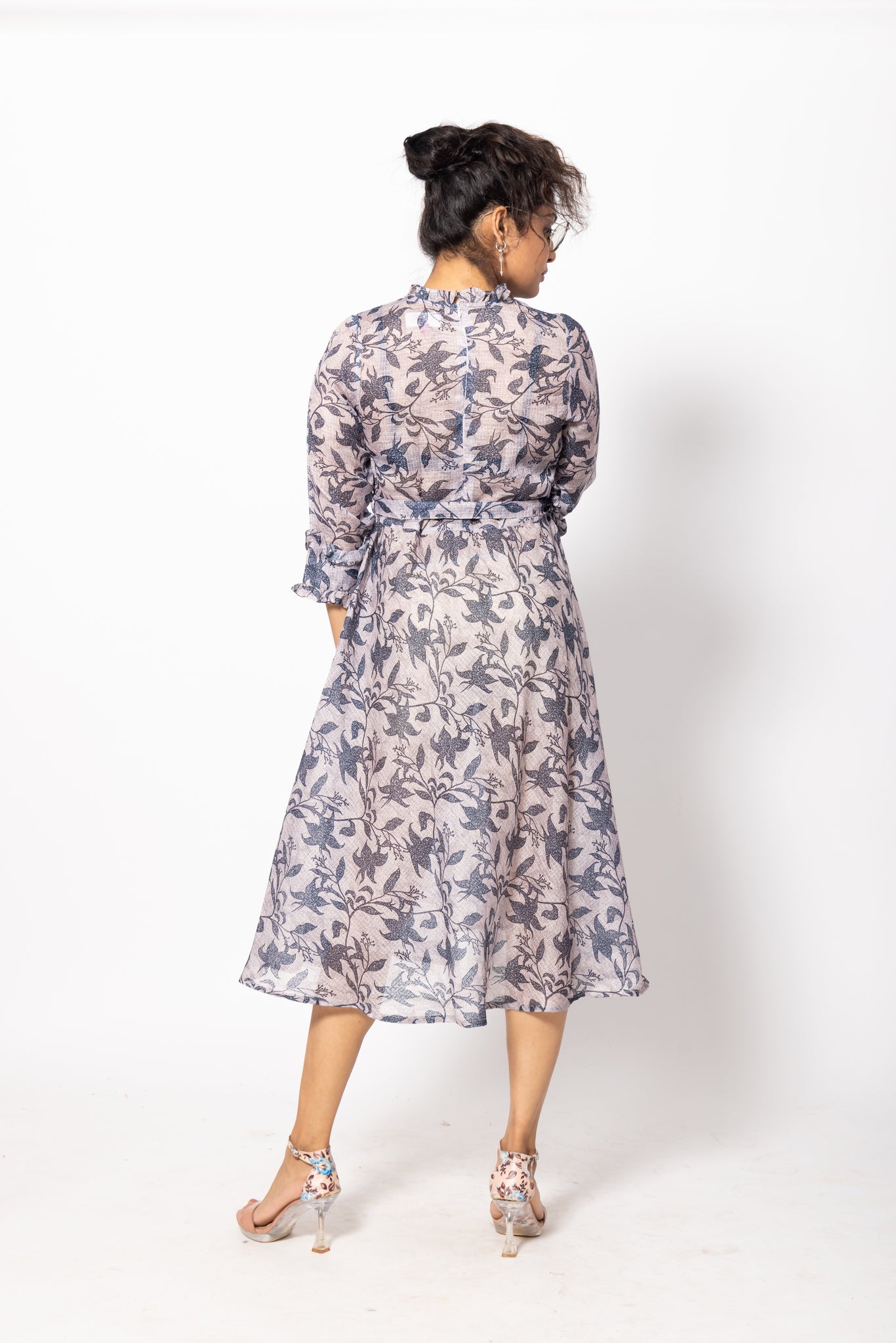 Purple & Grey Floral Belted Dress