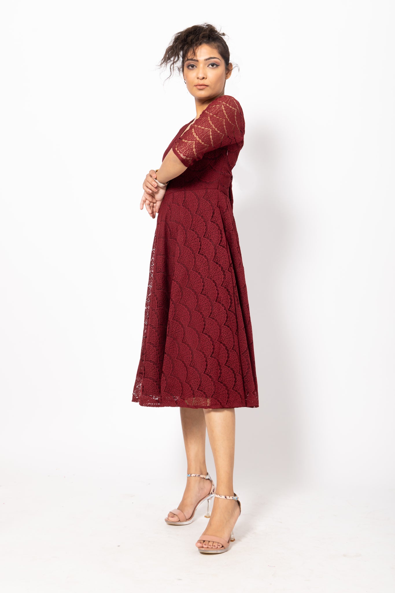 Maroon A-Line Lace Dress with a V- Neck