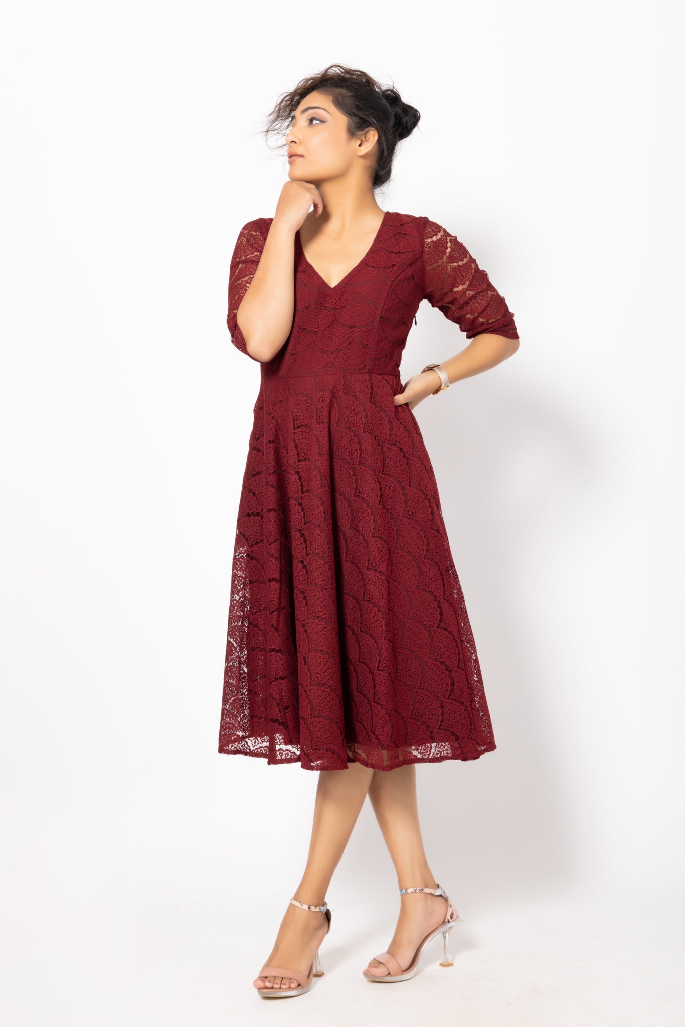 Maroon A-Line Lace Dress with a V- Neck