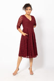 Maroon A-Line Lace Dress with a V- Neck