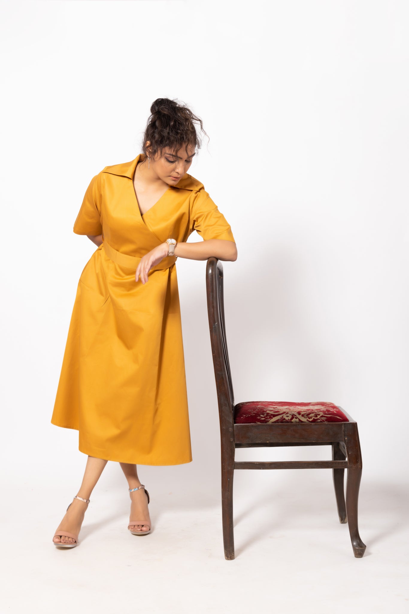 Belted Mustard Wrap Dress with Collars