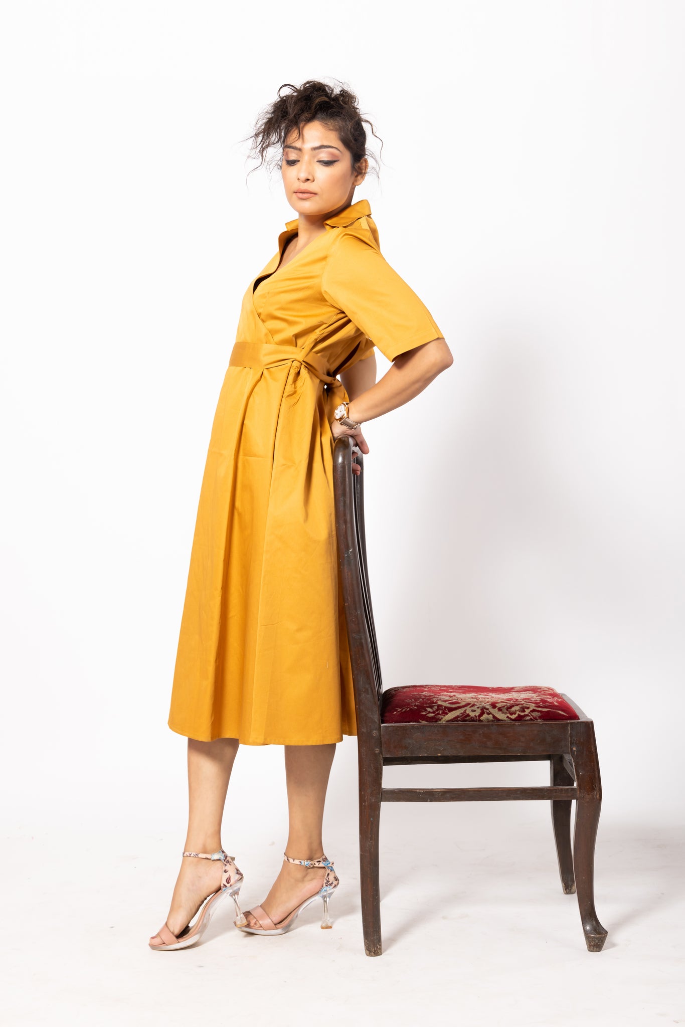 Belted Mustard Wrap Dress with Collars