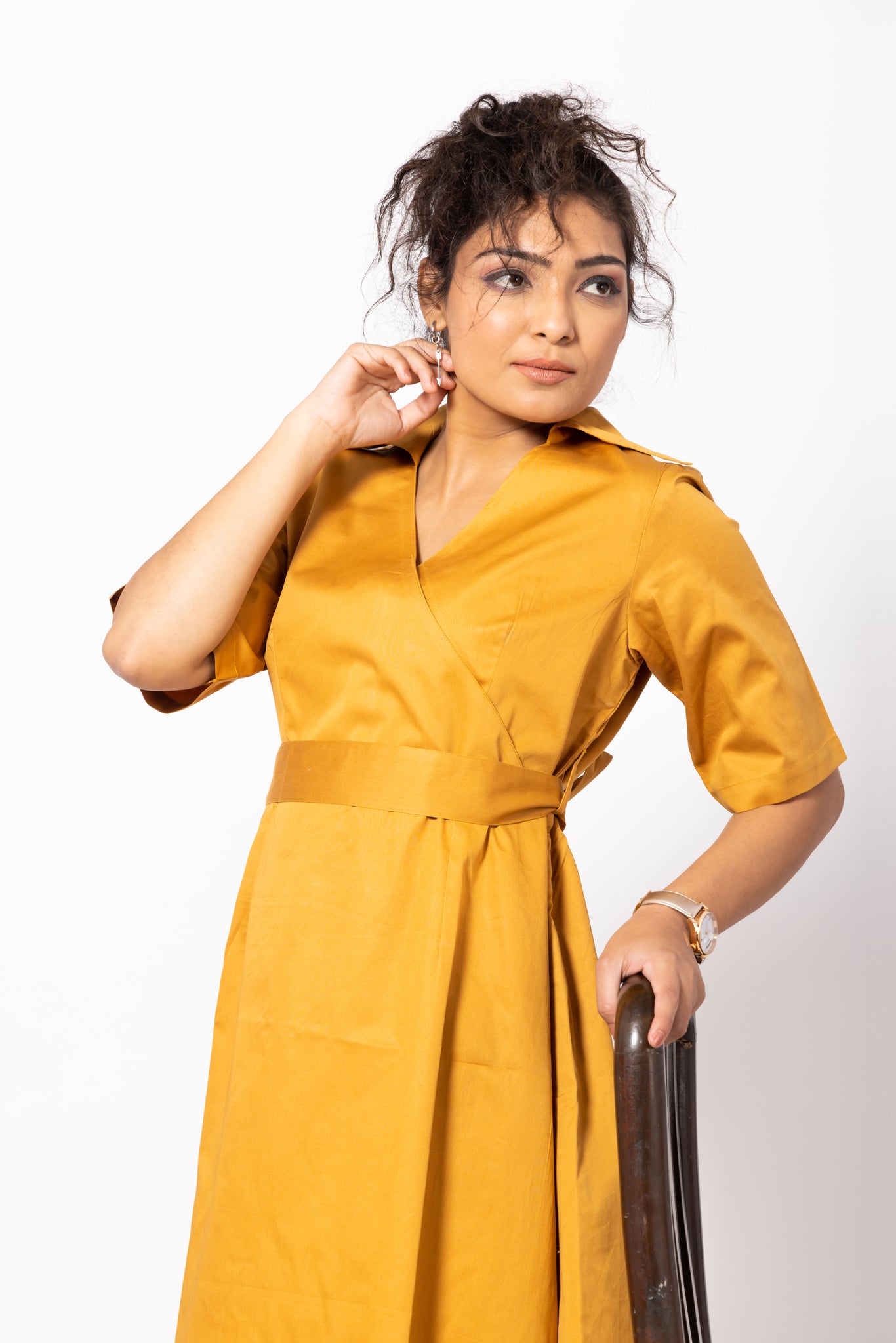 Belted Mustard Wrap Dress with Collars