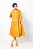 Belted Mustard Wrap Dress with Collars