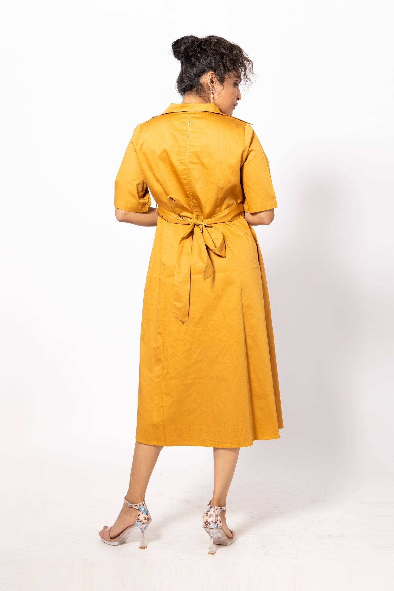 Belted Mustard Wrap Dress with Collars