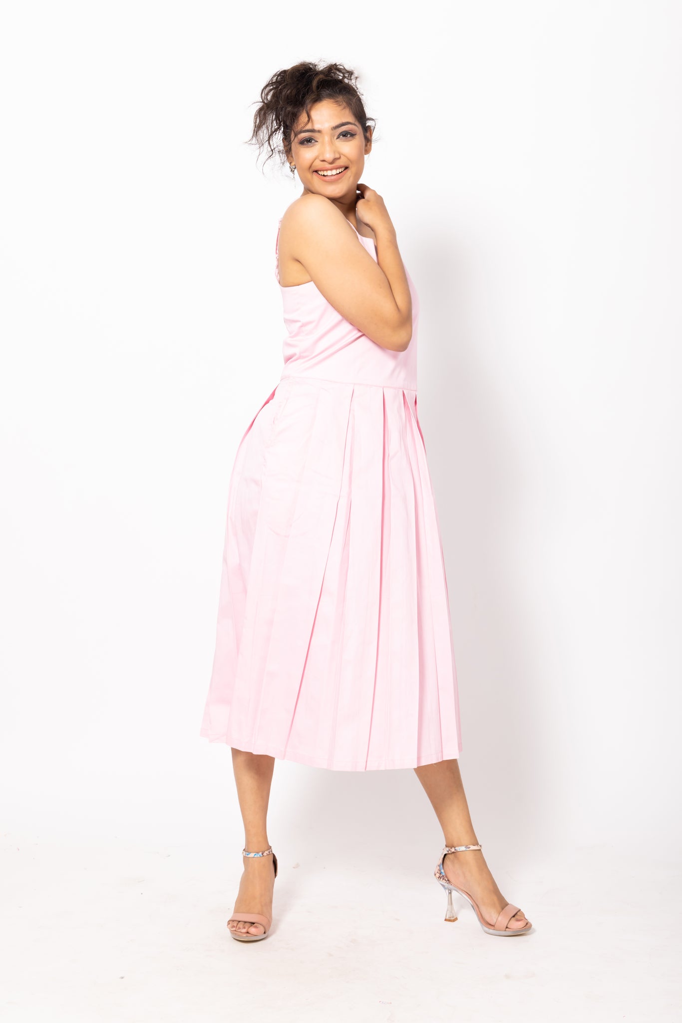 Baby Pink Pleated Cotton Dress with Straps