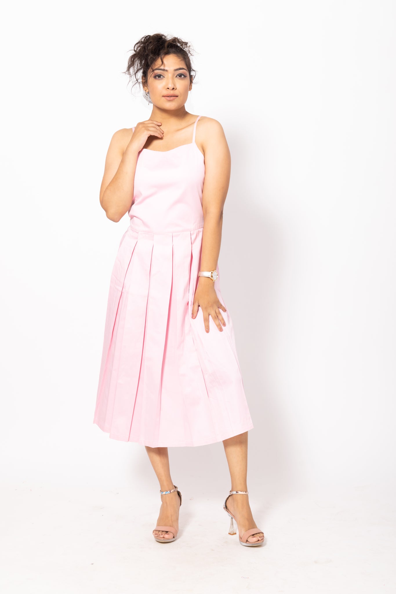 Baby Pink Pleated Cotton Dress with Straps