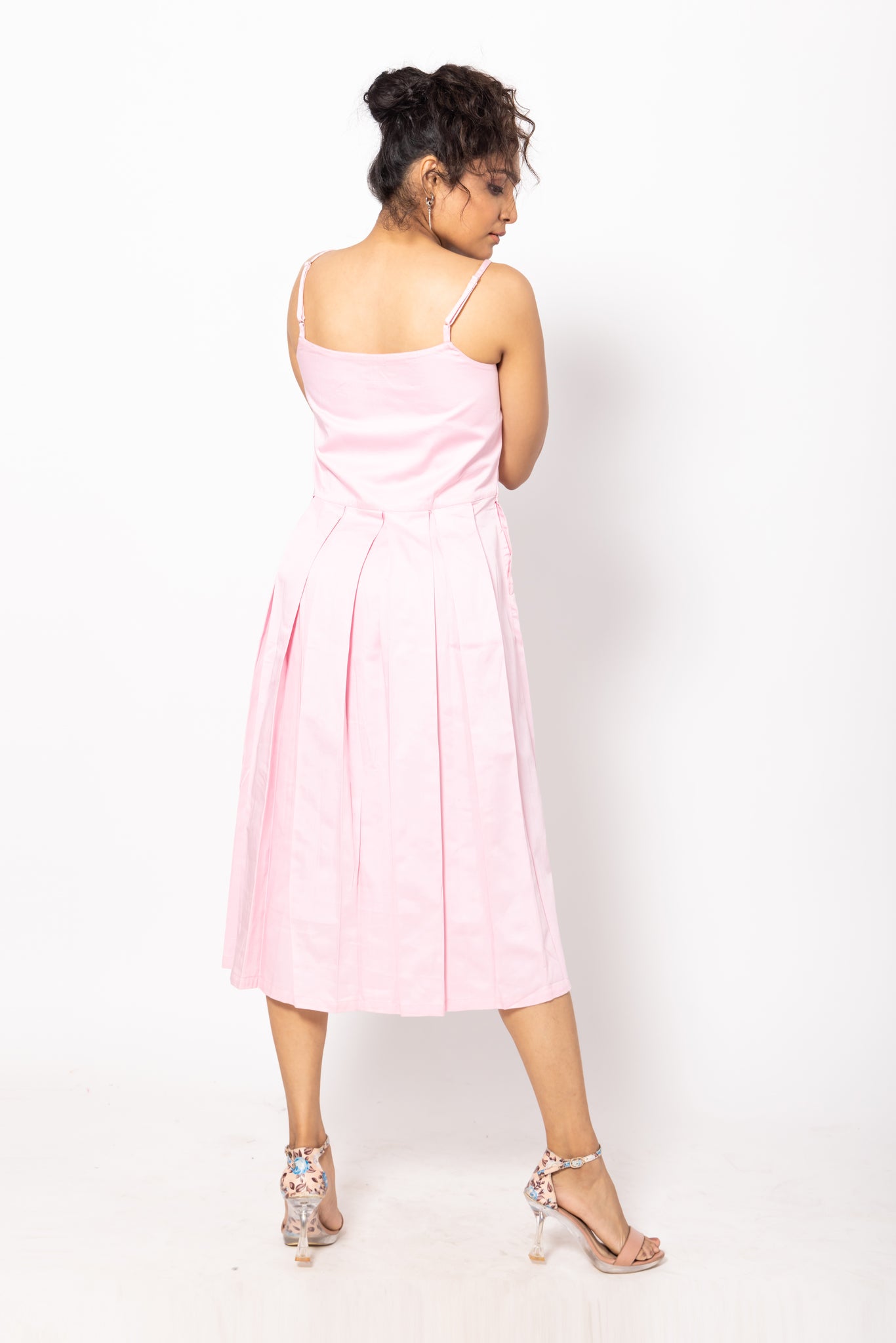 Baby Pink Pleated Cotton Dress with Straps