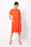 Buttoned Orange Gathered Round-Neck Pocket Dress