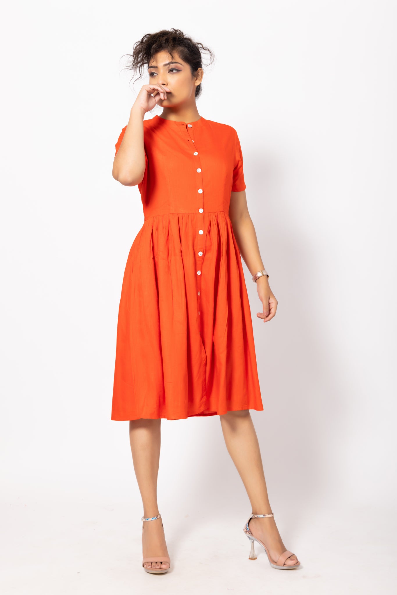 Buttoned Orange Gathered Round-Neck Pocket Dress