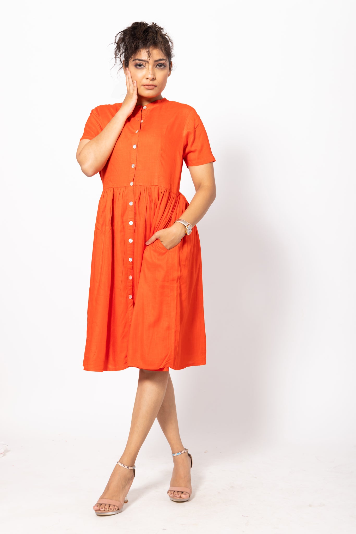 Buttoned Orange Gathered Round-Neck Pocket Dress