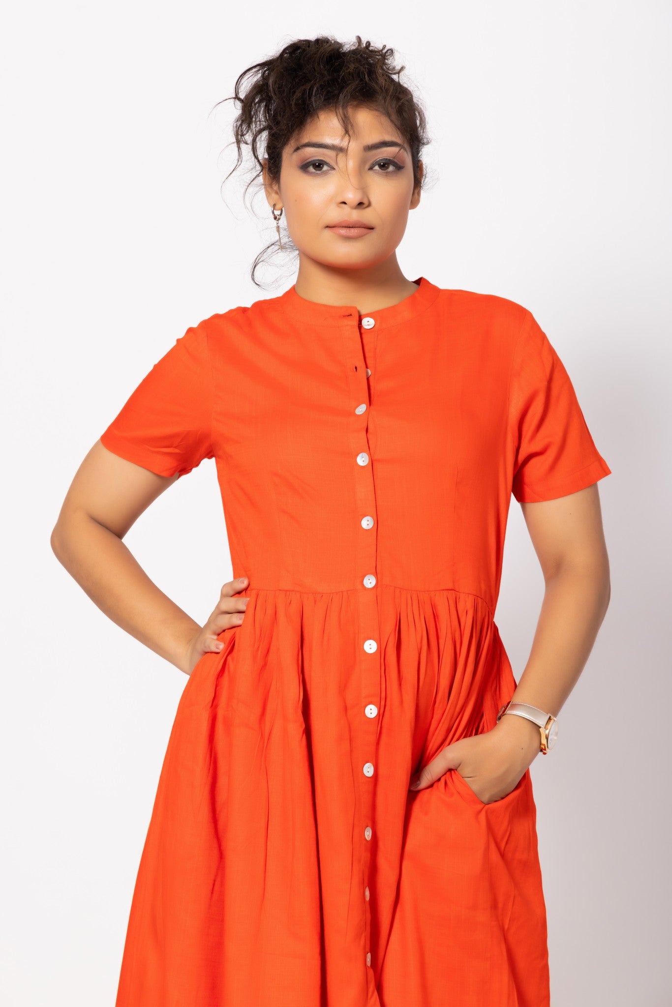 Buttoned Orange Gathered Round-Neck Pocket Dress