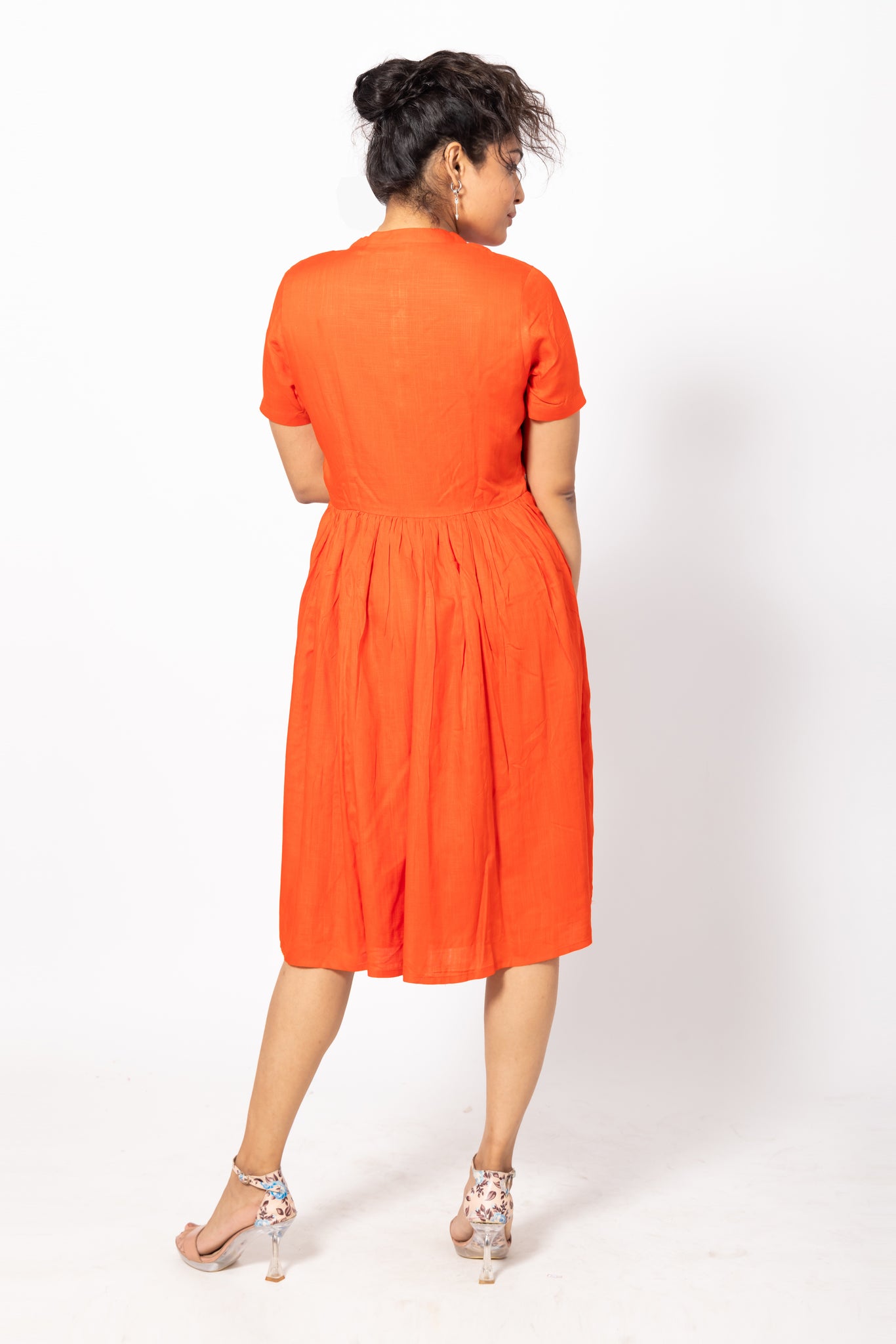 Buttoned Orange Gathered Round-Neck Pocket Dress