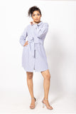 Blue Striped Belted Cotton Shirt Dress with Cuffed Sleeves