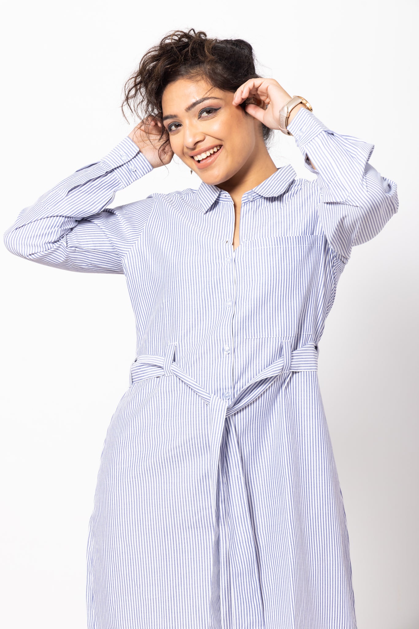 Blue Striped Belted Cotton Shirt Dress with Cuffed Sleeves